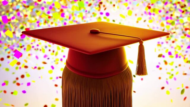 A graduation cap with colorful tassel spinning in slow motion against a blurred background.