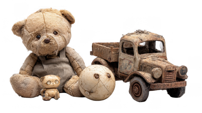 Old teddy bear, rusty toy truck, and worn ball capturing nostalgia and the passage of time, isolated on a transparent background for childhood memory projects