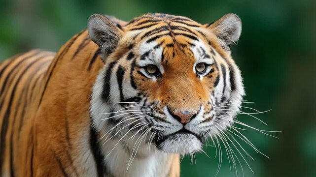 Majestic Tiger Portrait: A captivating close-up portrait captures the piercing gaze and striking striped pattern of a majestic tiger against a lush green foliage.