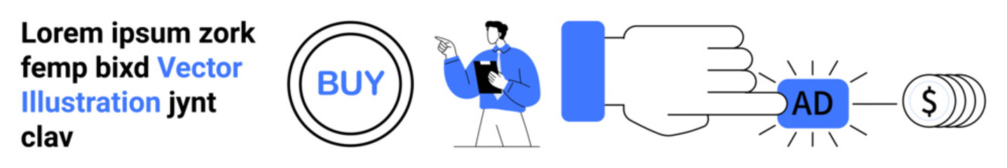 Man with clipboard pointing, bold BUY button, hand clicking AD, coin stack symbolizing revenue. Ideal for e-commerce, marketing, PPC campaigns, business growth, digital strategy monetization simple
