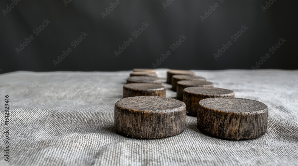 Poster a collection of wooden discs arranged in a row on a textured surface.
