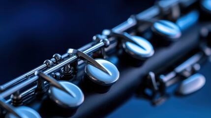 Obraz premium A close-up view of a silver flute's keys and valves, with a dark blue background.