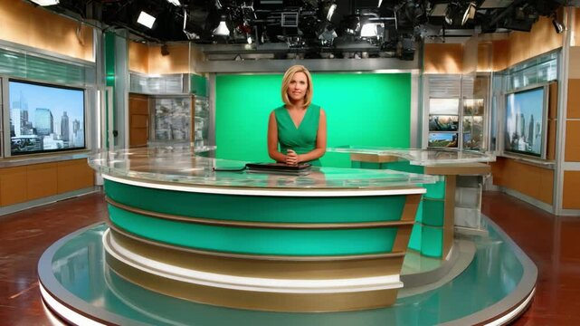 News Studio Set: A poised newscaster stands in a state-of-the-art news studio, surrounded by sleek design elements and technological displays. The environment exude professionalism.