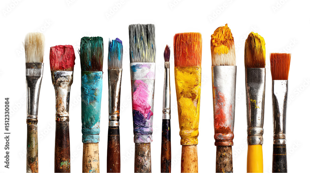 Poster different used paintbrushes with colorful paint splatters are displayed on a transparent background,