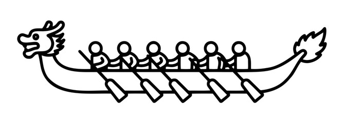 Dragon boat with rowers and dragon head in black outline, team racing illustration