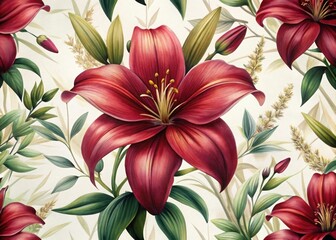Seamless pattern dark red lilies botanical illustration