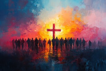 People gather at sunset to view a large cross illuminated against a vivid sky, symbolizing faith and community