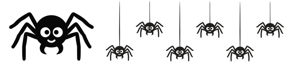 Eight playful cartoon spiders, including one large friendly spider and smaller ones dangling from threads, perfect for halloween and spooky themes.