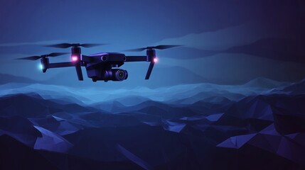 Drone flying over low-poly mountains at night.