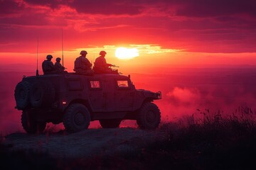 Soldiers observe sunset from military vehicle on hilltop during training exercise in remote area