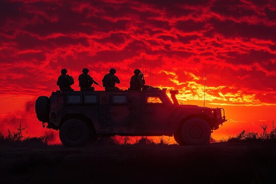 Soldiers observing the sunset from a military vehicle during a training exercise in a desert environment