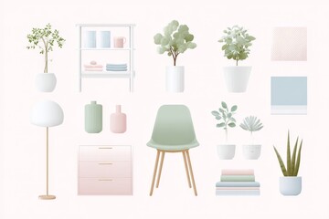 Fototapeta premium Minimalist interior decor elements: plants, furniture, and pastel accents