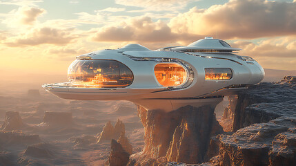 Isolated high-res survival home balancing above fragmented terrain detailed futuristic design bright background 