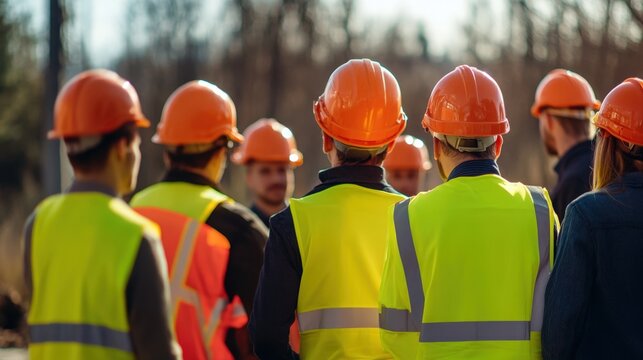 Construction safety briefing with workers in yellow protective suits