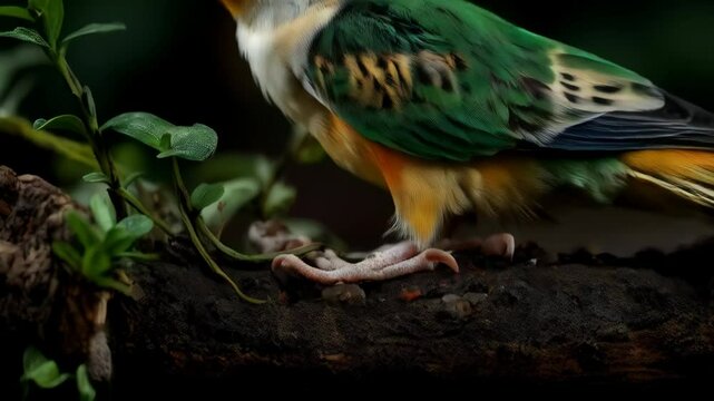 Portrait of a colorful caique parrot perched on a tree branch with leaves in an indoor setting on a dark background.