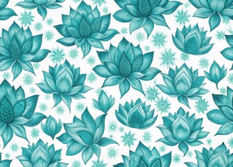 Teal lotus flower seamless pattern background