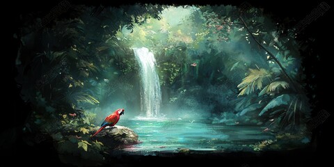 A vibrant jungle scene with a waterfall, lush greenery, and a red parrot perched by the water"s edge.