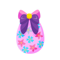Hand-drawn colorful Easter pink egg with flowers, with a purple bow. vector