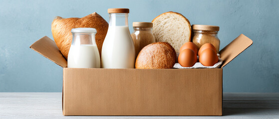 A cardboard box filled with various food items including bread milk eggs and jars against a blue wall