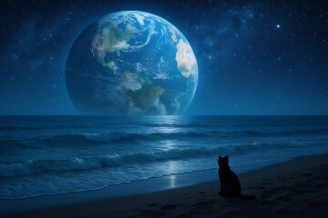 Fantasy Night Beach with Cat Watching Earth - Generative AI