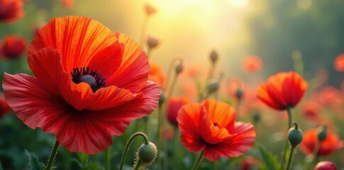 Fototapeta premium Swirling scarlet poppy blossoms, sunlit, painterly effect, intense, color