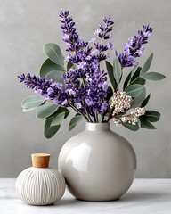 Soft toned ceramic vase with blooming lavender high resolution picture