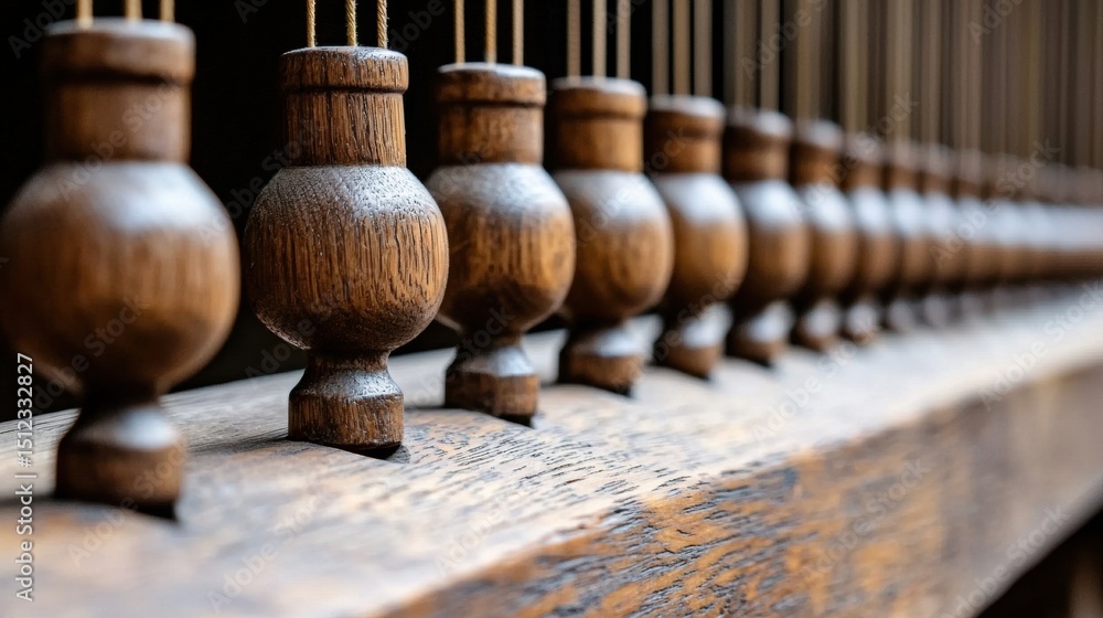 Poster a close-up view of a wooden object with multiple small, round, and intricately carved pieces.