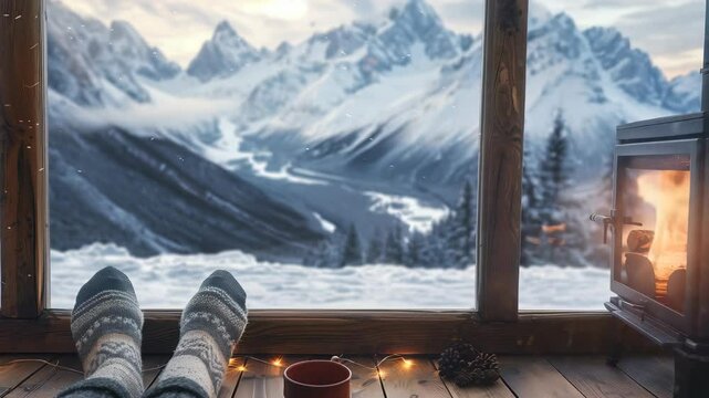 A serene winter scene with snow-capped mountains visible through a window. Cozy atmosphere with warm socks, a hot drink, and a glowing fire adding warmth to the indoor retreat.