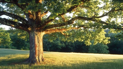 Fototapeta premium Majestic Oak Tree in Golden Sunlight Meadow Landscape