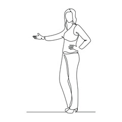 continuous line drawing of standing business woman showing presentation gesture. Vector illustration editable stroke sketch art
