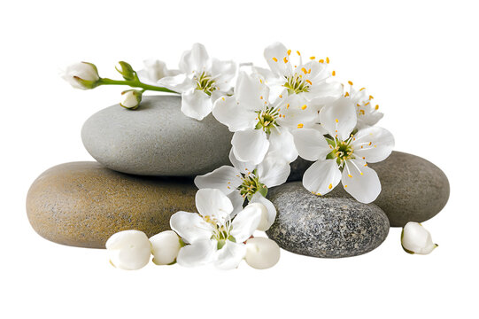 Serene spa scene with stones and blossoms