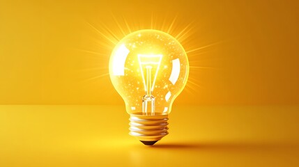 Glowing Light Bulb Idea Concept, Bright Yellow Background, Innovation Inspiration
