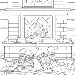 Vector illustration, lying by the fireplace with a cup of coffee