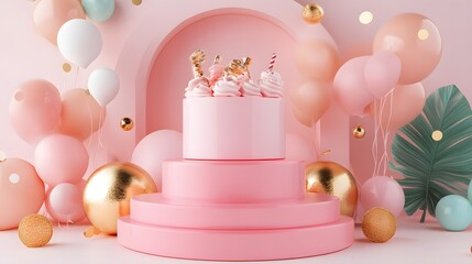Pink Birthday Cake with Balloons and Gold Accents 3D Render