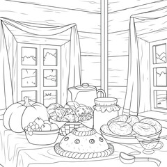 Vector illustration, bakery products for lunch in a village house