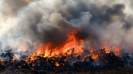 Fiery Wildfire Burning Intensely with Smoke Billowing