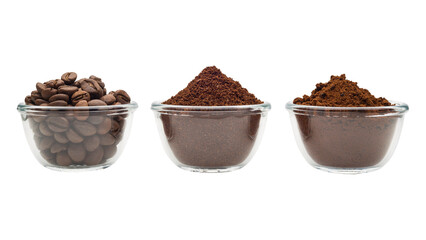 three small saucers with coffee beans, ground coffee and cocoa on a white background.