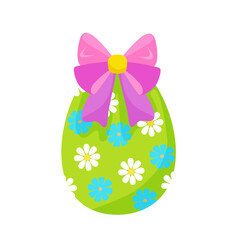 colorful Easter green egg with flowers, with pink bow and ribbons. hand drawn. vector