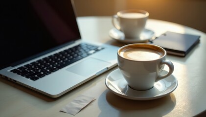 Coffee cups, laptop, notepad, relaxed setting, informal, interior, productivity