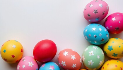 top view of colorful easter eggs on white background, sparkling in glimmering silver tones under sparkling light, subject positioned at the bottom with clear copy space at the top.