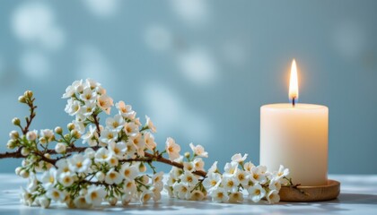 a lit candle softly illuminates white gypsophila flowers and branches on the left, against a crystal blue background under dappled light.