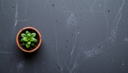 a small green plant in a rustic pot on a dark gray textured surface, minimalist and serene scene for design projects or blogs, subject on the right with copy space on the left, pastel tones.