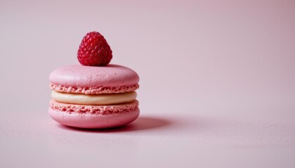 a pink macaron with creamy filling and a raspberry on top, against a soft pink background, subject on the right with electric blue tones, leaving clear copy space on the left.