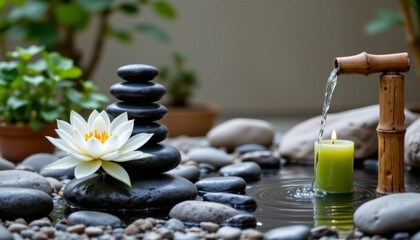 zen garden scene with stacked black stones, white water lily, green candle, and bamboo spout flowing water, subject positioned on the left with clear copy space on the right.