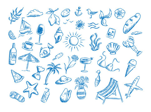 Set d&rsquo;illustrations estivales dessin&eacute;es au crayon &ndash; &eacute;l&eacute;ments de vacances faits main