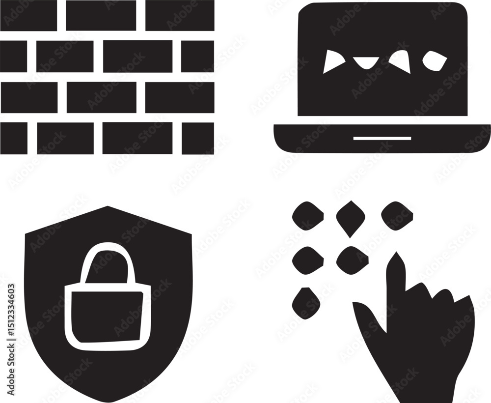 Poster cybersecurity icons: vector silhouettes representing security elements: a firewall, encrypted laptop