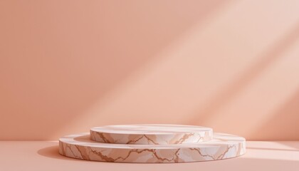 empty podium with luxury pedestal stage mockup scene on minimal peach background, subject positioned at the bottom with clear copy space at the top, ideal for cosmetic product fashion ads.