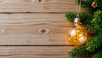 festive christmas light bulb ornament positioned on the left side against a wooden background radiant yellow tones with a warm glow plenty of copy space on the right for text placement.