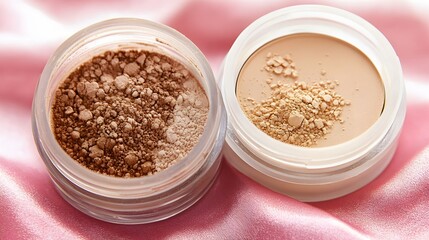 Two Shades of Loose Powder in Glass Jars on Pink Silk