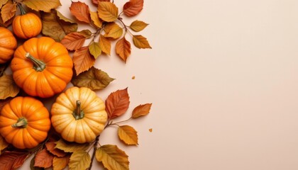 autumn scene with pumpkins and leaves on a light background, subject positioned on the right side with clear copy space on the left.